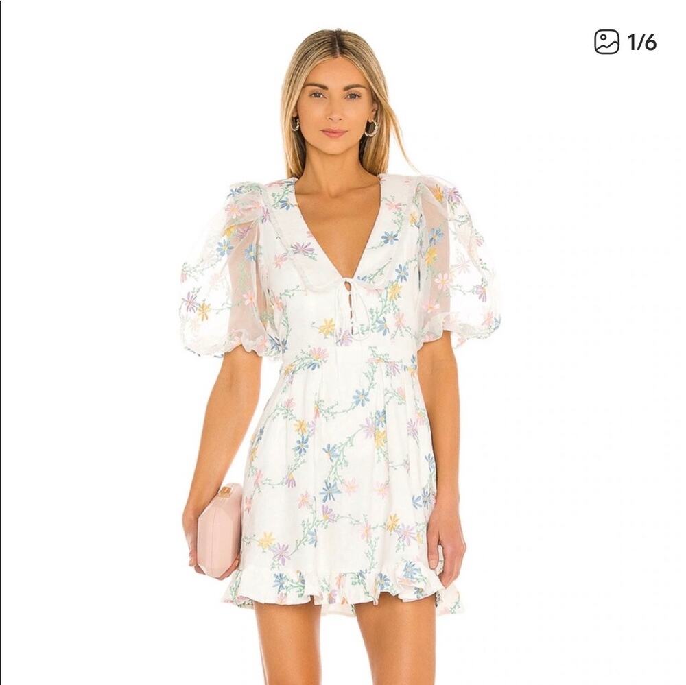 For Love & Lemons Marjorie Mini Dress Floral Linen Organza Embroidered Small
